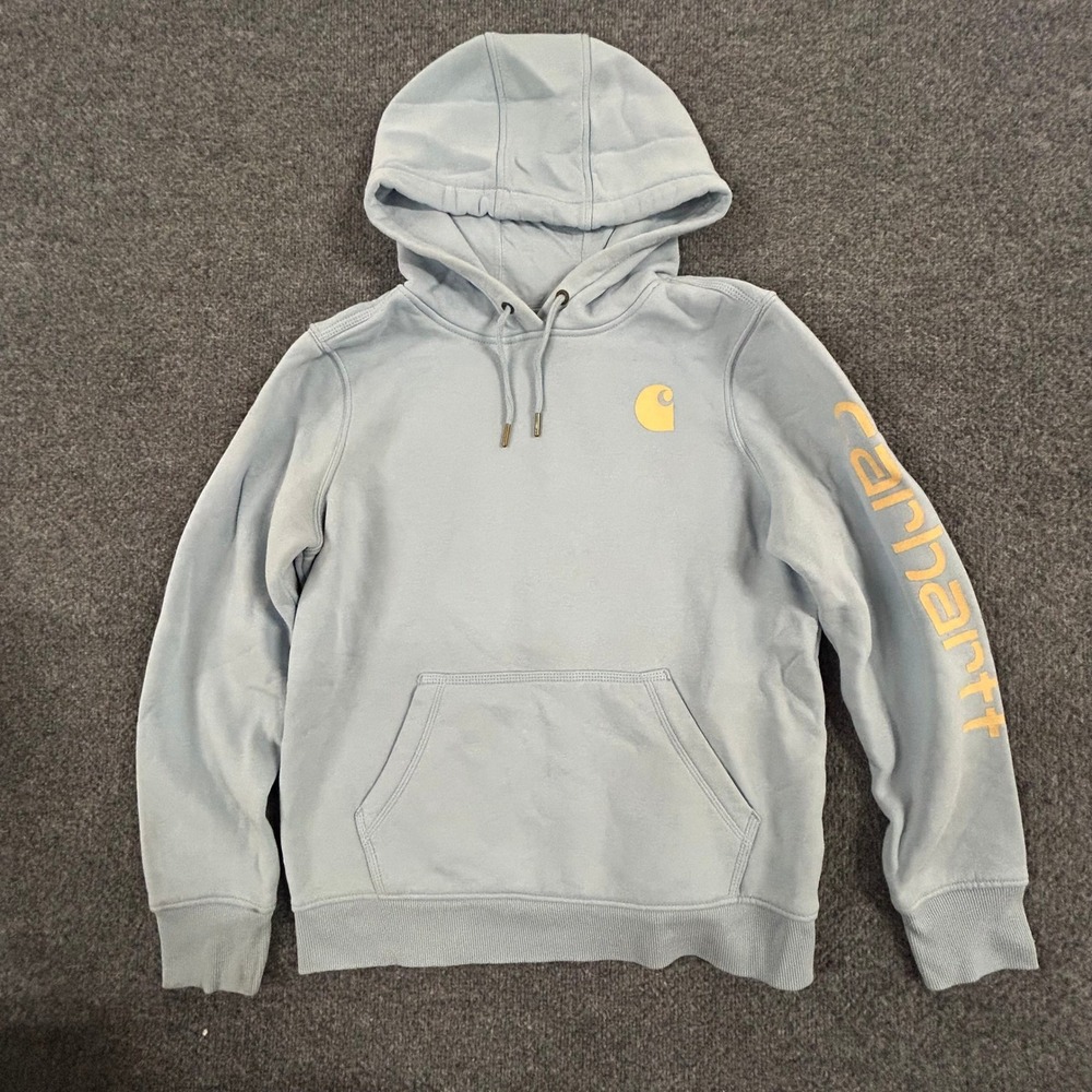 Carhartt Hoodie Womens Size M Blue Relaxed Fit Graphic Sleeve Logo Sweatshirt
